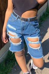 Solid Color Ripped Denim Shorts