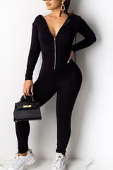 Fashion Solid Color Hooded Jumpsuit