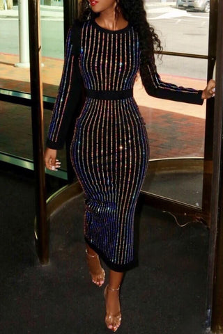 Long Sleeve Stripes Round Neck Sequined Maxi Dress
