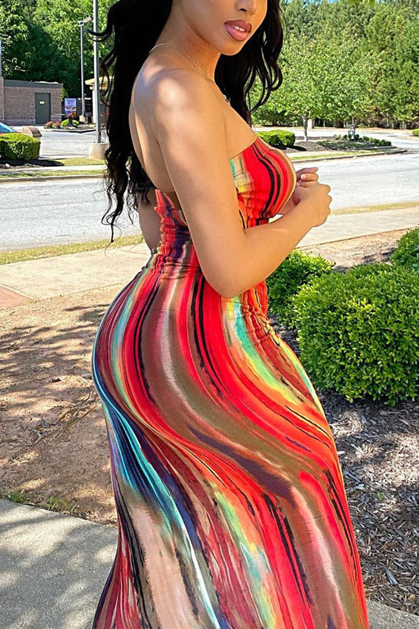 Colorful Tie-dye Strapless Chest Wrap Dress