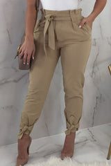 Modishshe Stylish Solid Frill Waist Belted Tied Ankle Casual Pants