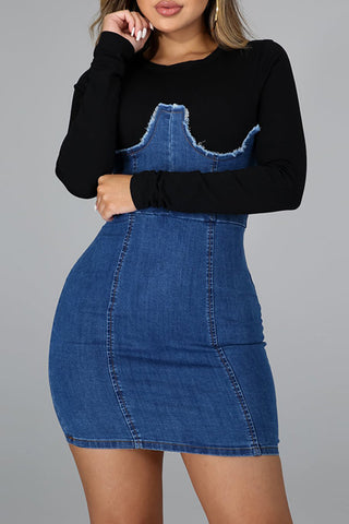 Solid Color Jeans Patchwork Long Sleeve Dress