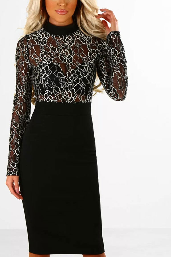 Modishshe Lace Splicing Long Sleeves Party Dress