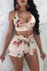 Modishshe Sexy Floral Printed Bow Two-Piece Shorts Set