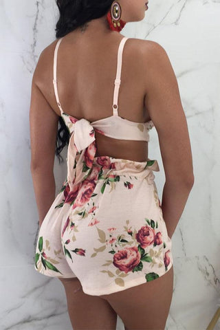 Modishshe Sexy Floral Printed Bow Two-Piece Shorts Set