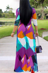 Modishshe Color Block Patchwork V-Neck Print Maxi Dress
