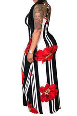Modishshe Stripe Flower Print Sleeveless Maxi Dresses