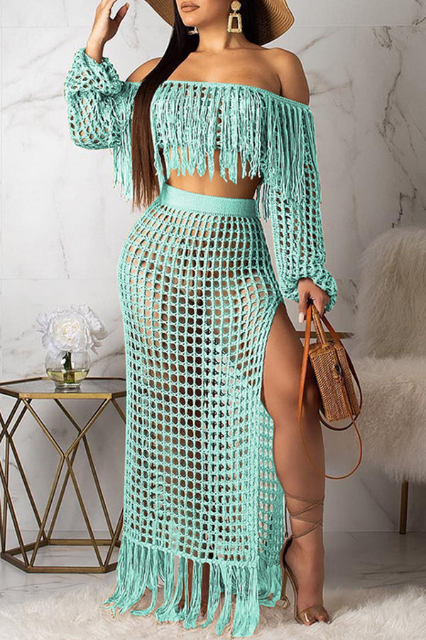 Modishshe Sexy Hollow-Out Tassel Design Two-piece Skirt Set