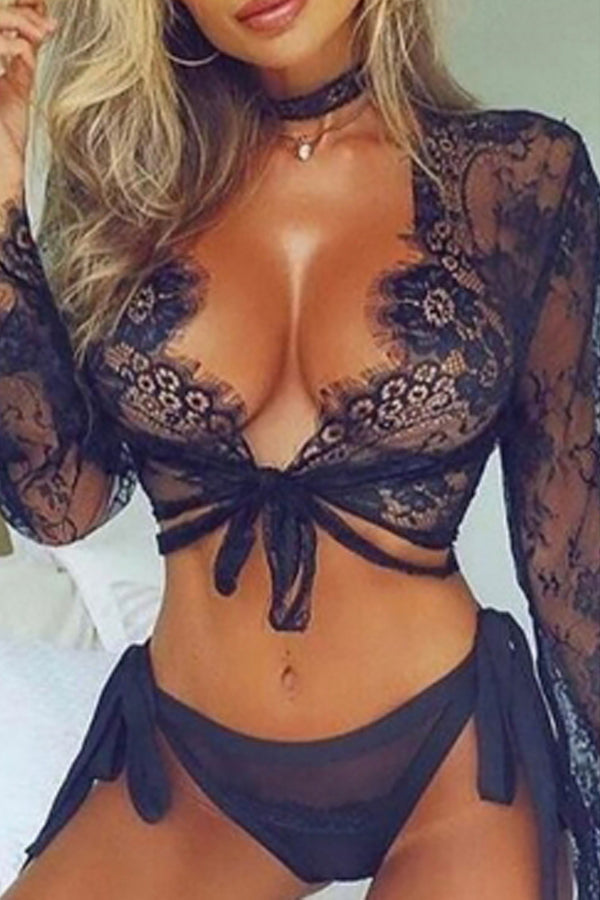 Sexy Lace-up Tie Front Black Bra Sets