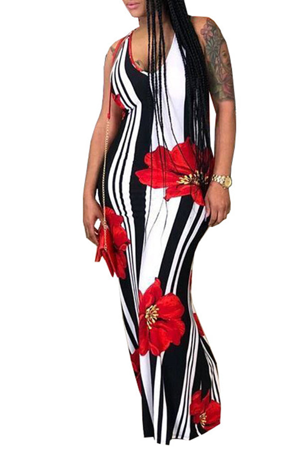 Modishshe Stripe Flower Print Sleeveless Maxi Dresses